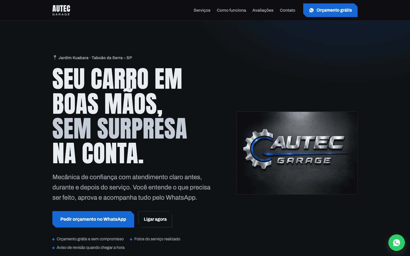 Screenshot do site AUTEC Garage